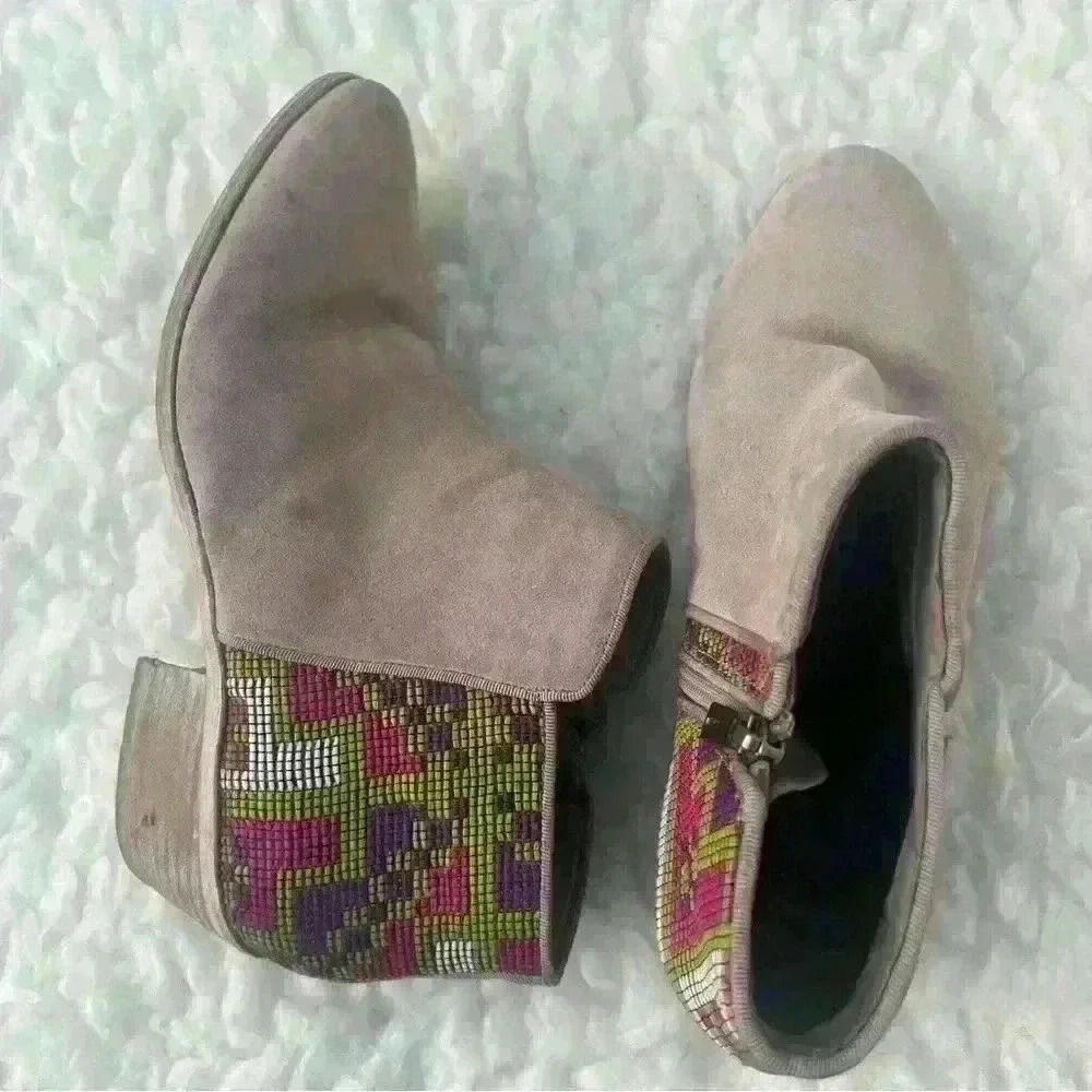 Sam Edelman Putnam Saddle Aztec Gray Ankle Suede Stacked Booties Boots